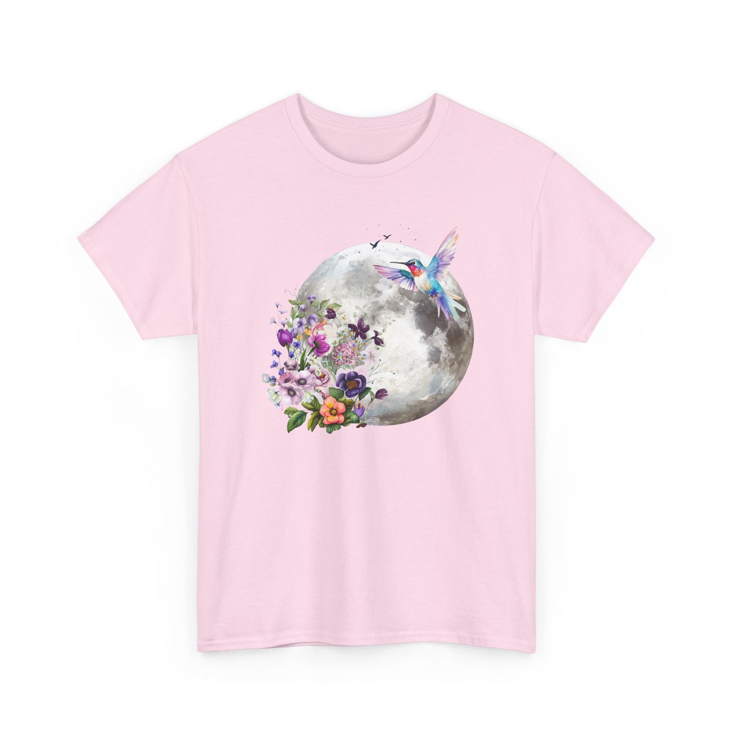 Moon & Hummingbird Floral T-Shirt — Watercolour Moon with Flowers