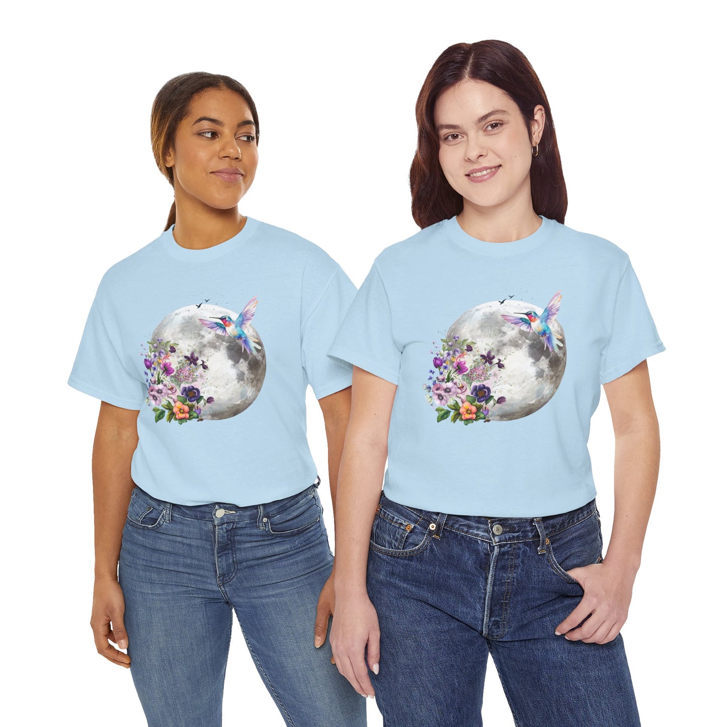Moon & Hummingbird Floral T-Shirt — Watercolour Moon with Flowers