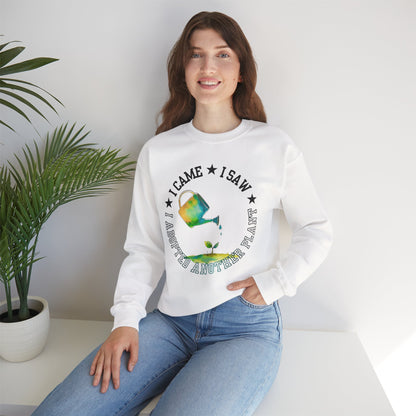 Gardener Sweatshirt — "I Came, I Saw, I Adopted Another Plant" Watercolour Watering Can Crewneck