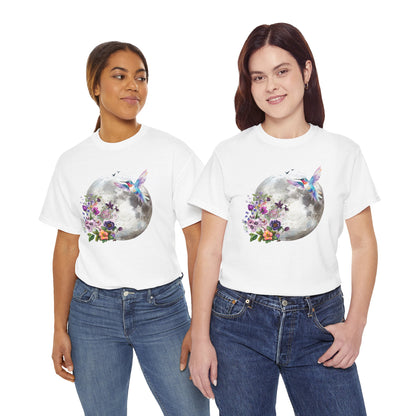 Moon & Hummingbird Floral T-Shirt — Watercolour Moon with Flowers