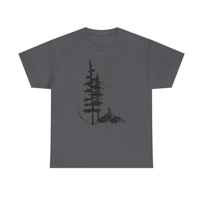 Nature Sketch T-Shirt — Pine Tree & Mountain Minimalist Tee