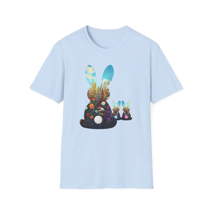 Easter Bunny Silhouette T‑Shirt — Floral Nightscape Bunny Design