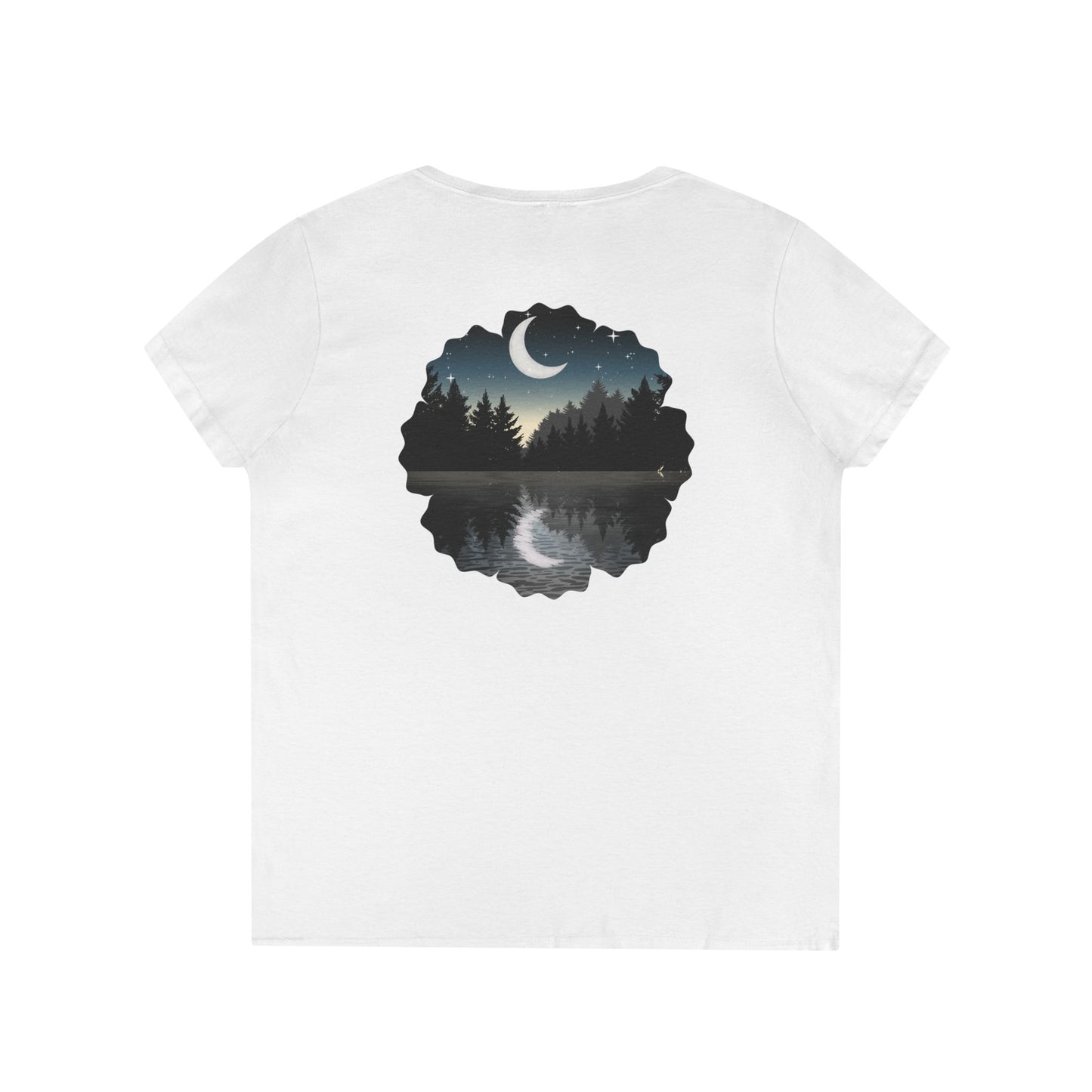 Ladies' V-Neck T-Shirt — Moonlit Lake Forest Graphic Tee