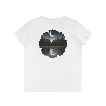 Ladies' V-Neck T-Shirt — Moonlit Lake Forest Graphic Tee