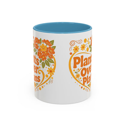 Plants Over Plans Accent Coffee Mug — Retro Floral Heart Plant Lover Gift (11oz)