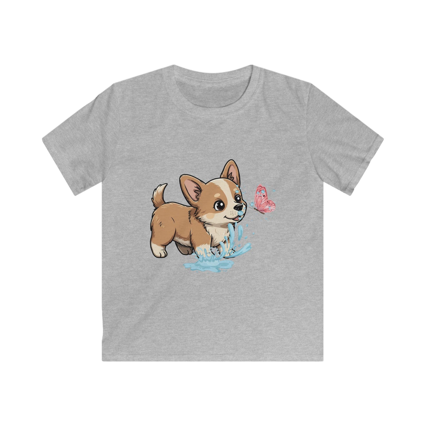 Kids Tee — Playful Corgi Puppy with Butterfly Graphic