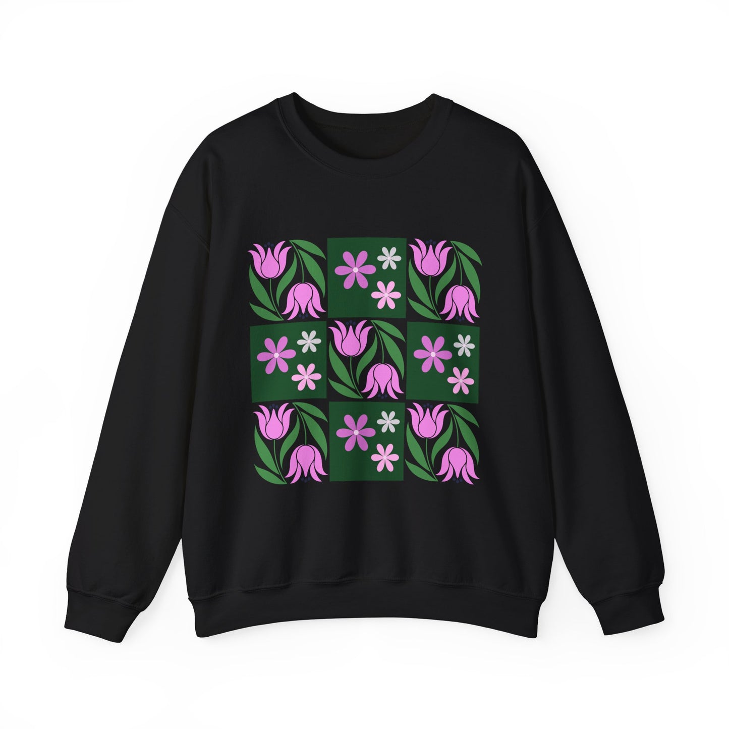 Floral Tile Crewneck Sweatshirt — Pink Tulip Grid Design