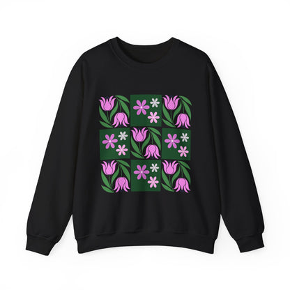 Floral Tile Crewneck Sweatshirt — Pink Tulip Grid Design