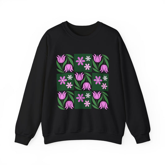 Floral Tile Crewneck Sweatshirt — Pink Tulip Grid Design