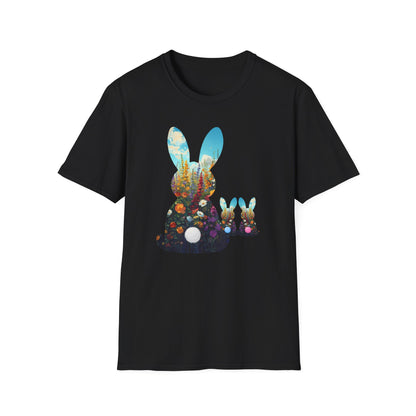 Easter Bunny Silhouette T‑Shirt — Floral Nightscape Bunny Design