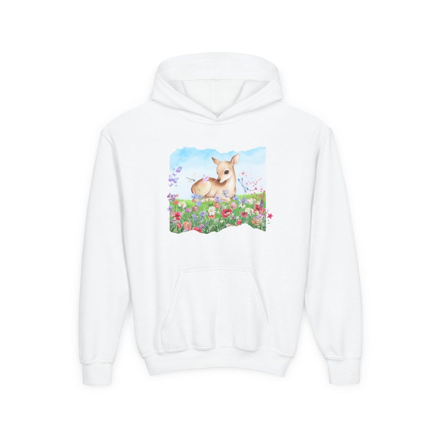 Youth Hoodie — Watercolour Fawn in Wildflower Meadow