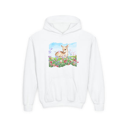 Youth Hoodie — Watercolour Fawn in Wildflower Meadow