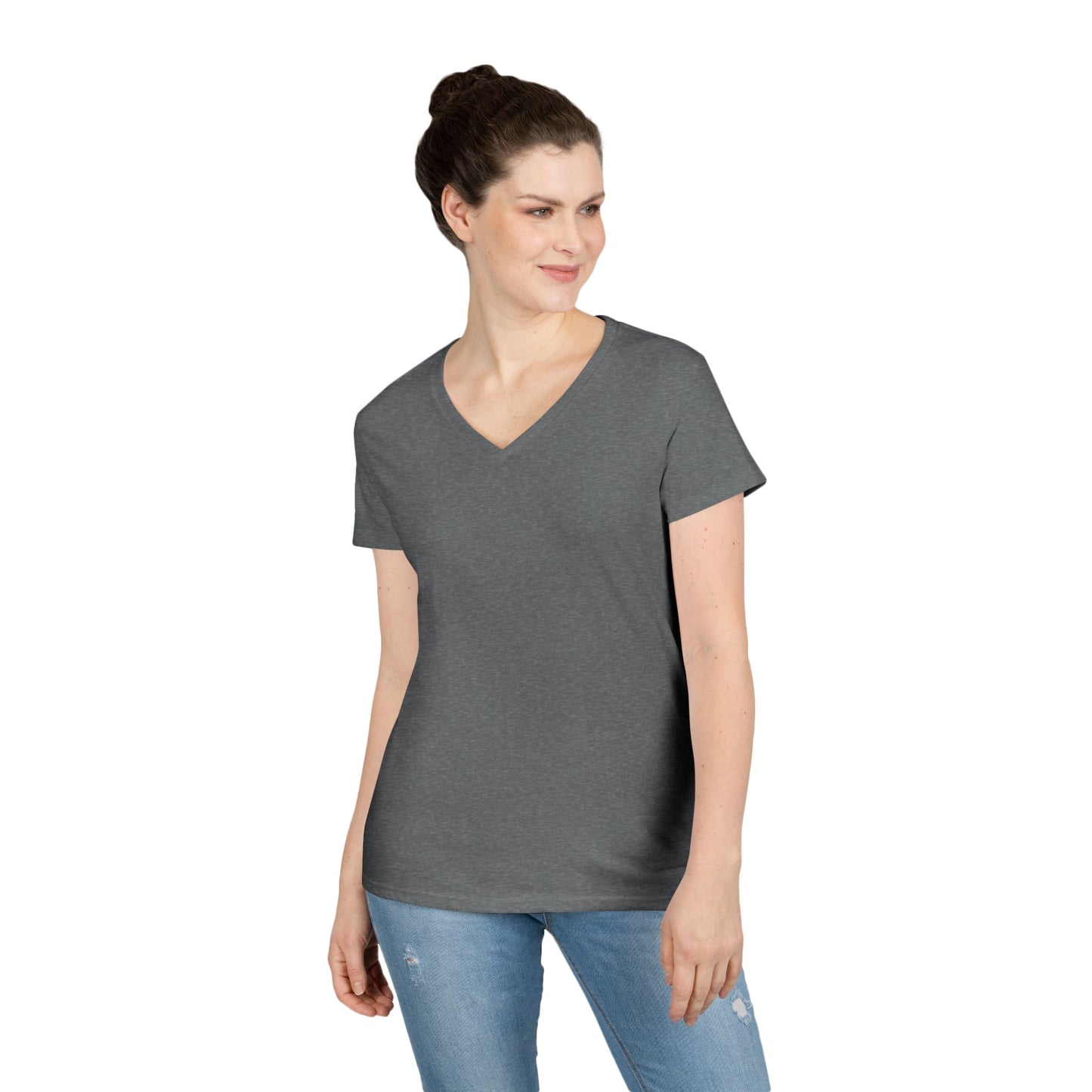 Ladies' V-Neck T-Shirt — Moonlit Lake Forest Graphic Tee