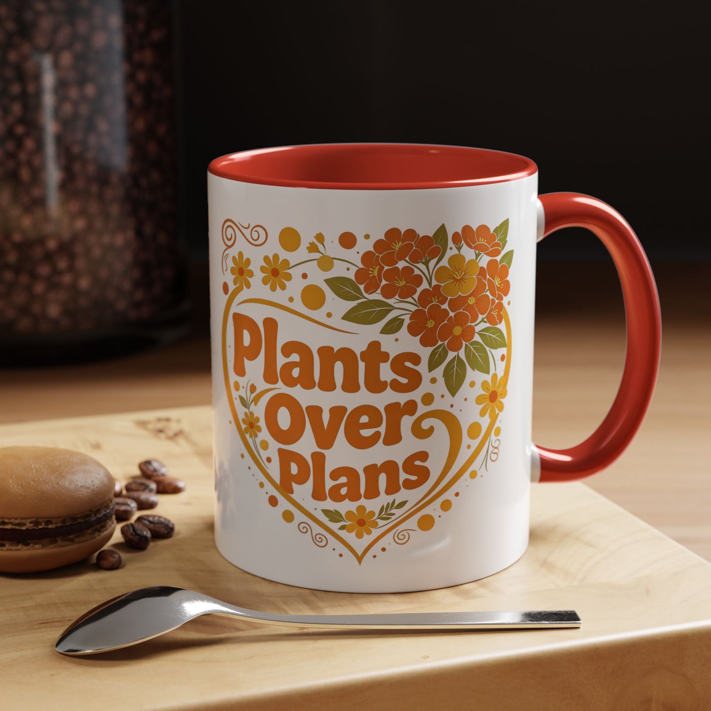 Plants Over Plans Accent Coffee Mug — Retro Floral Heart Plant Lover Gift (11oz)