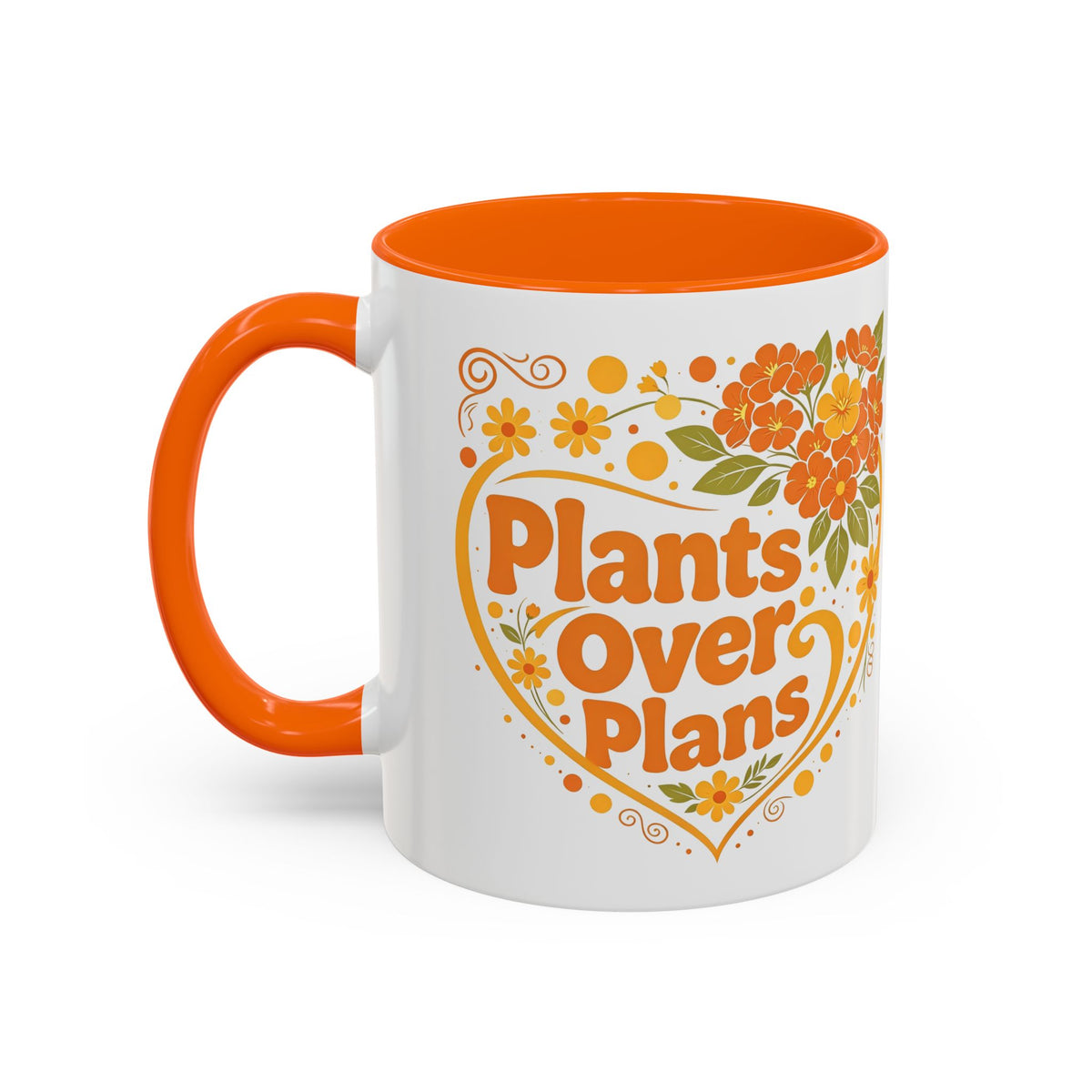 Plants Over Plans Accent Coffee Mug — Retro Floral Heart Plant Lover Gift (11oz)
