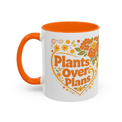 Plants Over Plans Accent Coffee Mug — Retro Floral Heart Plant Lover Gift (11oz)