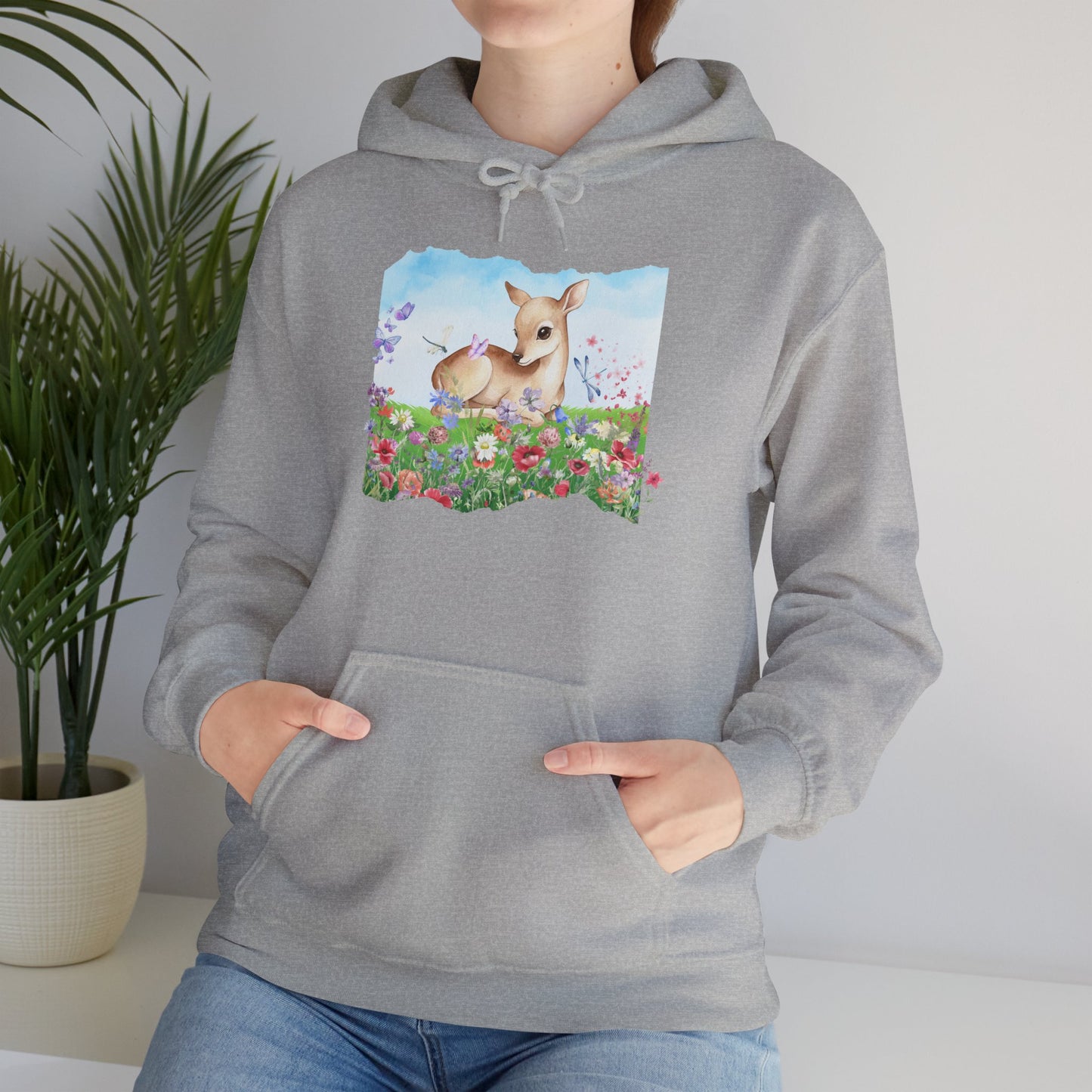 Doe in Wildflower Meadow Hoodie — Cute Fawn Animal Graphic Sweatshirt