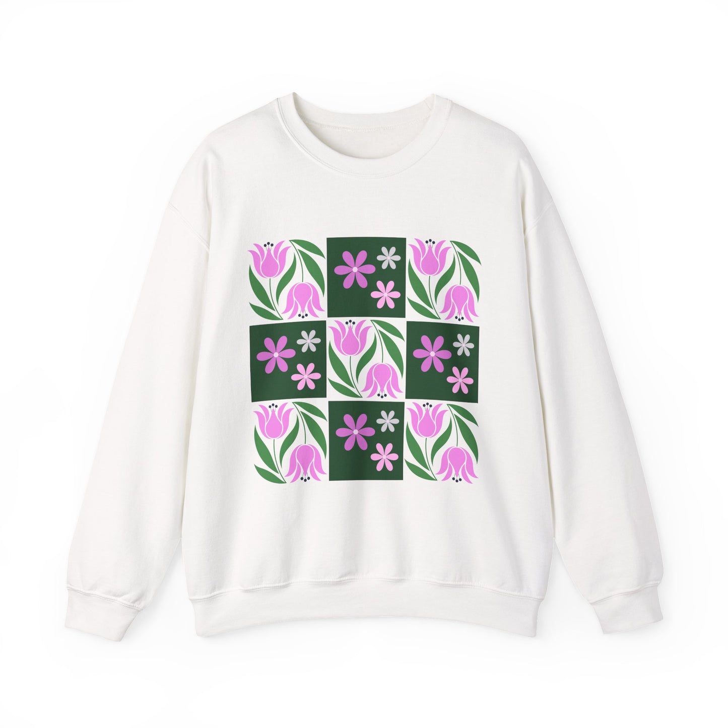 Floral Tile Crewneck Sweatshirt — Pink Tulip Grid Design