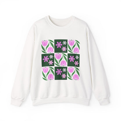 Floral Tile Crewneck Sweatshirt — Pink Tulip Grid Design