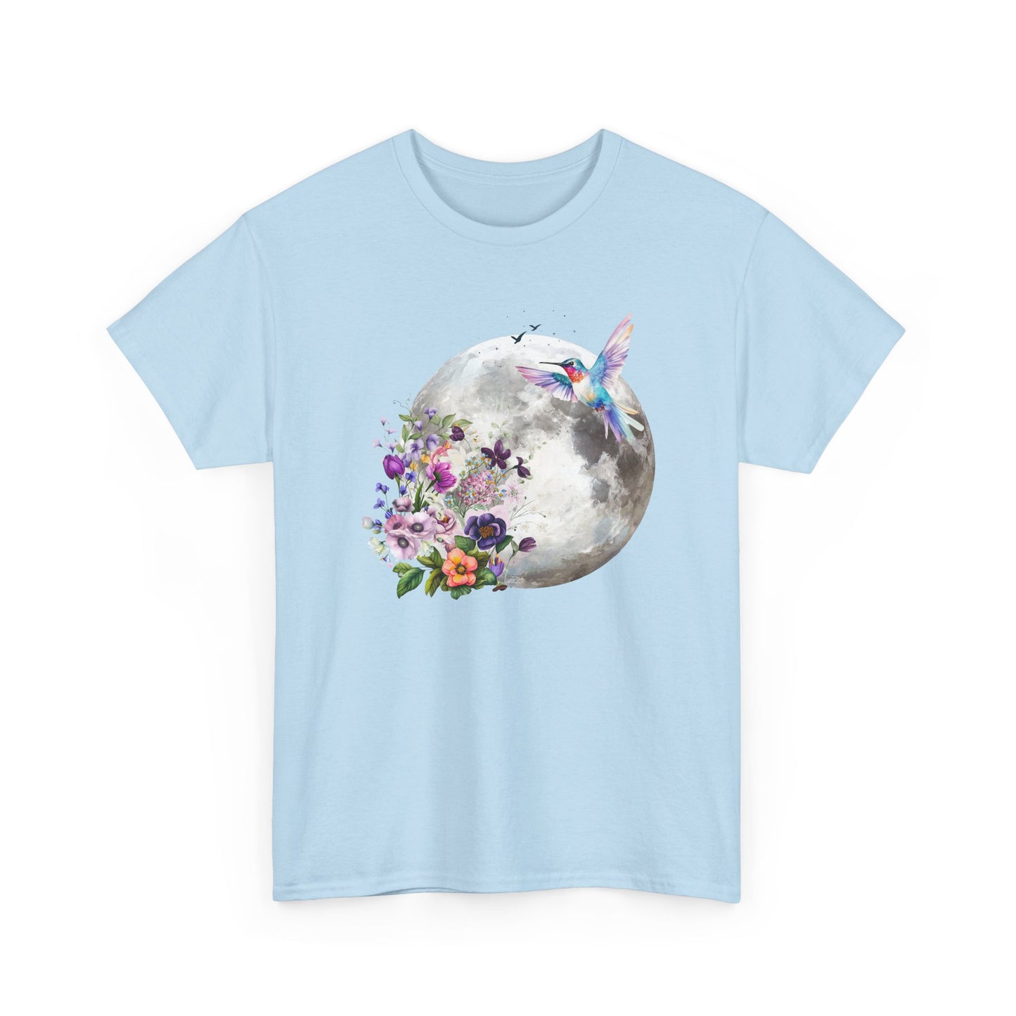 Moon & Hummingbird Floral T-Shirt — Watercolour Moon with Flowers