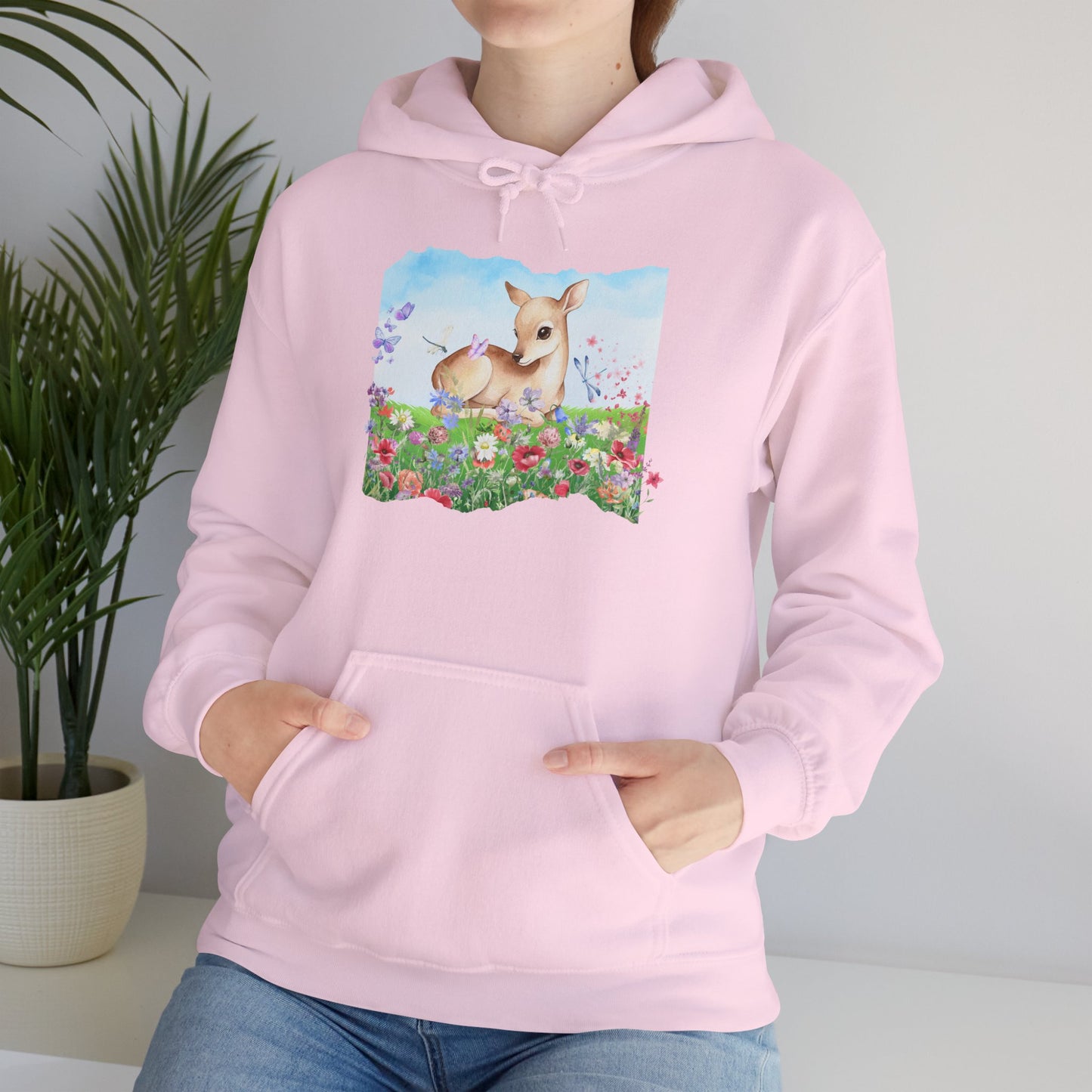 Doe in Wildflower Meadow Hoodie — Cute Fawn Animal Graphic Sweatshirt