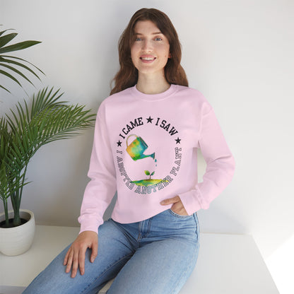 Gardener Sweatshirt — "I Came, I Saw, I Adopted Another Plant" Watercolour Watering Can Crewneck
