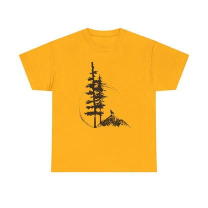 Yellow t-shirt with black tree and mountain graphic on a white background