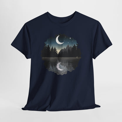 Moonlit Lake T-Shirt — Crescent Moon Forest Reflection Tee