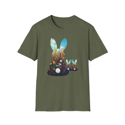 Easter Bunny Silhouette T‑Shirt — Floral Nightscape Bunny Design