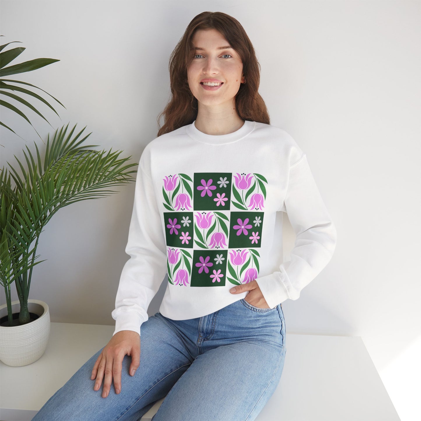 Floral Tile Crewneck Sweatshirt — Pink Tulip Grid Design