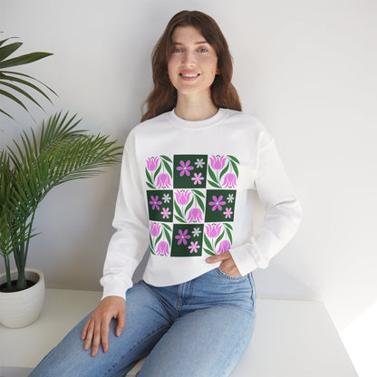 Floral Tile Crewneck Sweatshirt — Pink Tulip Grid Design