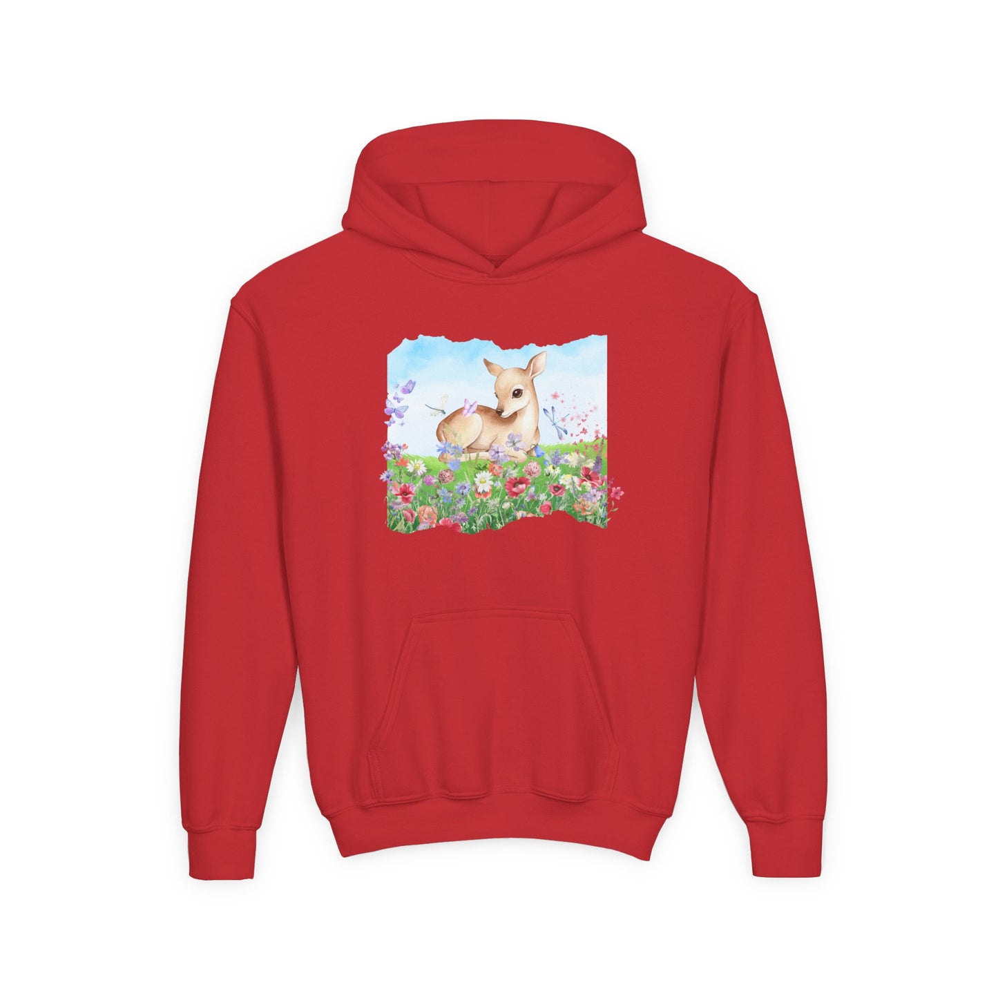 Youth Hoodie — Watercolour Fawn in Wildflower Meadow