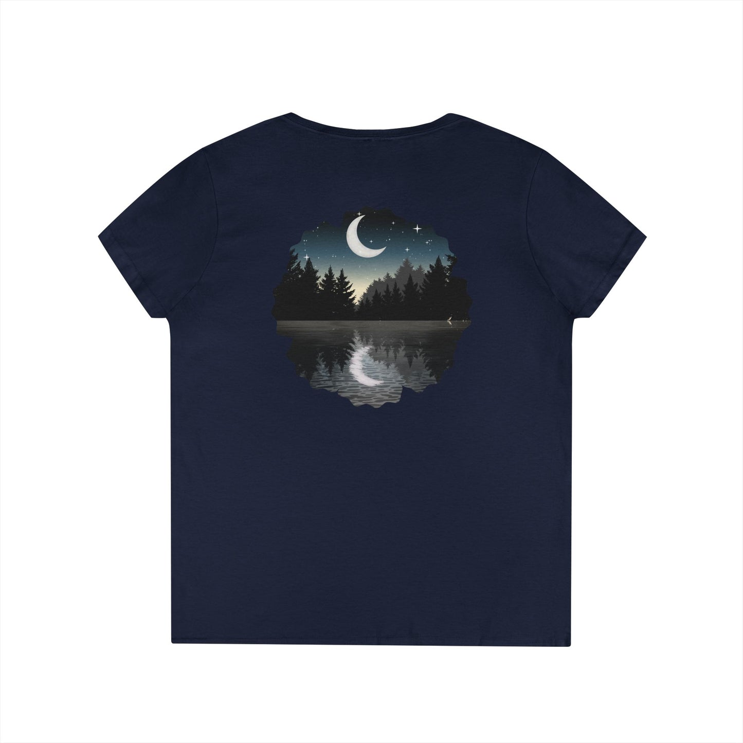 Ladies' V-Neck T-Shirt — Moonlit Lake Forest Graphic Tee