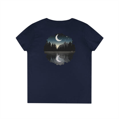 Ladies' V-Neck T-Shirt — Moonlit Lake Forest Graphic Tee