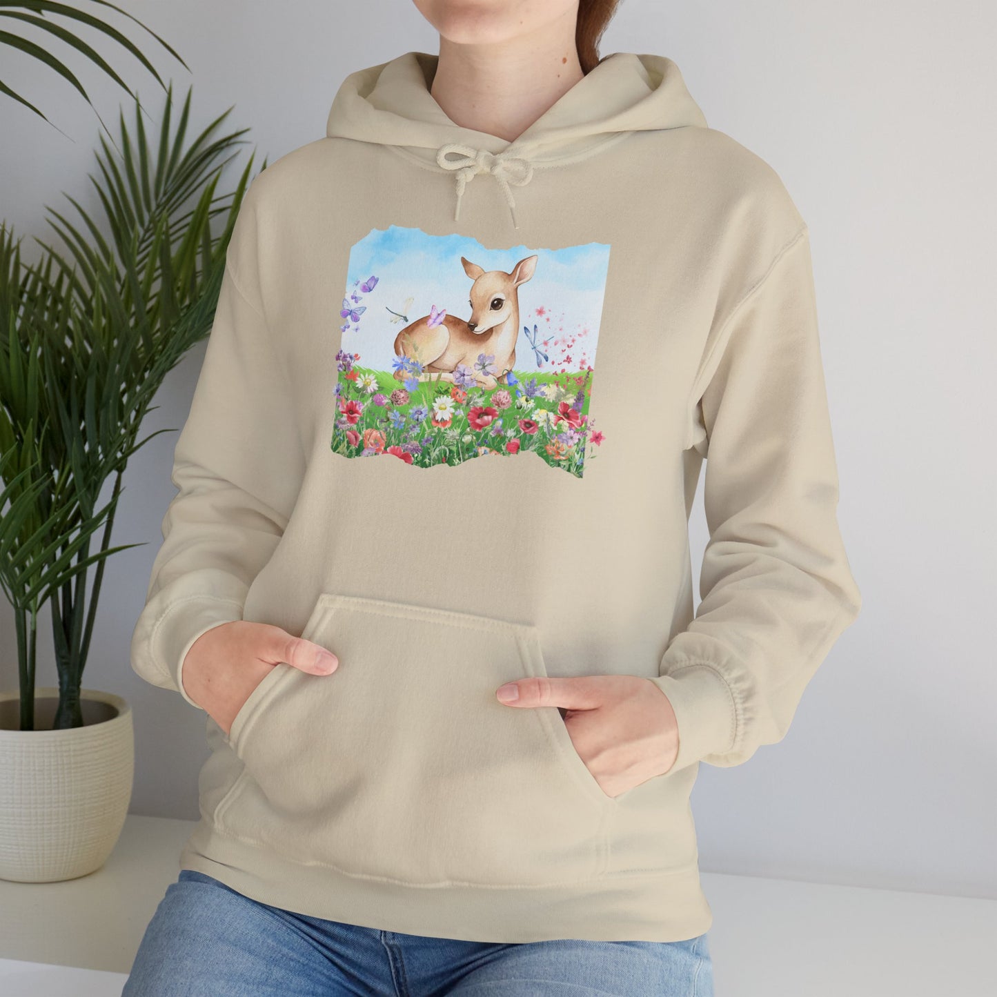 Doe in Wildflower Meadow Hoodie — Cute Fawn Animal Graphic Sweatshirt
