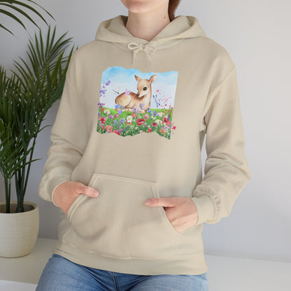Doe in Wildflower Meadow Hoodie — Cute Fawn Animal Graphic Sweatshirt