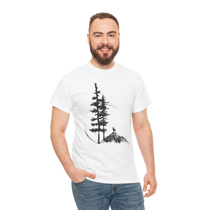 Nature Sketch T-Shirt — Pine Tree & Mountain Minimalist Tee