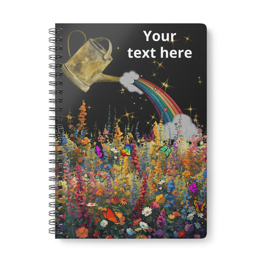 A5 Spiral Notebook — Watering Can Rainbow Over Wildflower Garden (Custom Text)
