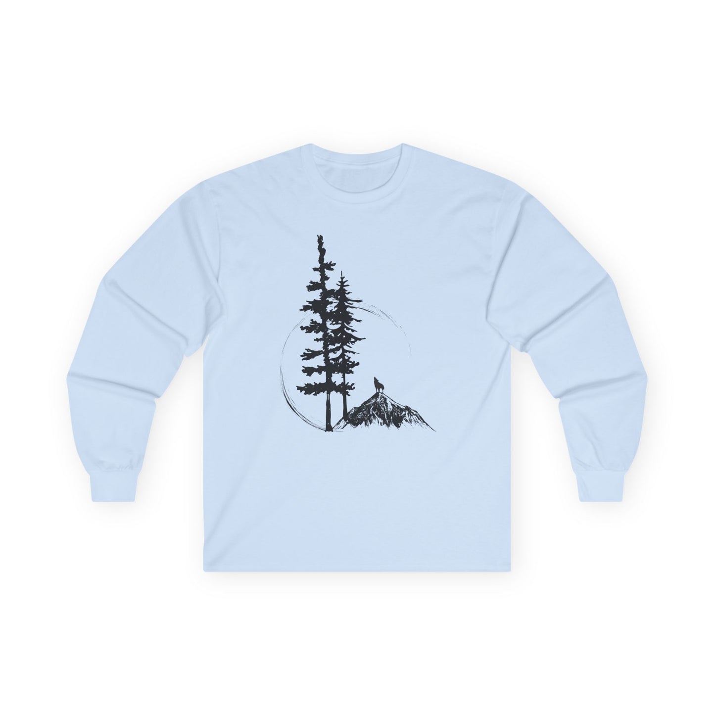 Light blue sweatshirt with a graphic of trees and a mountain on a white background