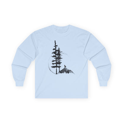 Light blue sweatshirt with a graphic of trees and a mountain on a white background