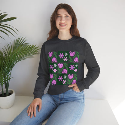 Floral Tile Crewneck Sweatshirt — Pink Tulip Grid Design