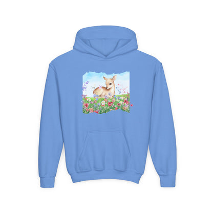 Youth Hoodie — Watercolour Fawn in Wildflower Meadow
