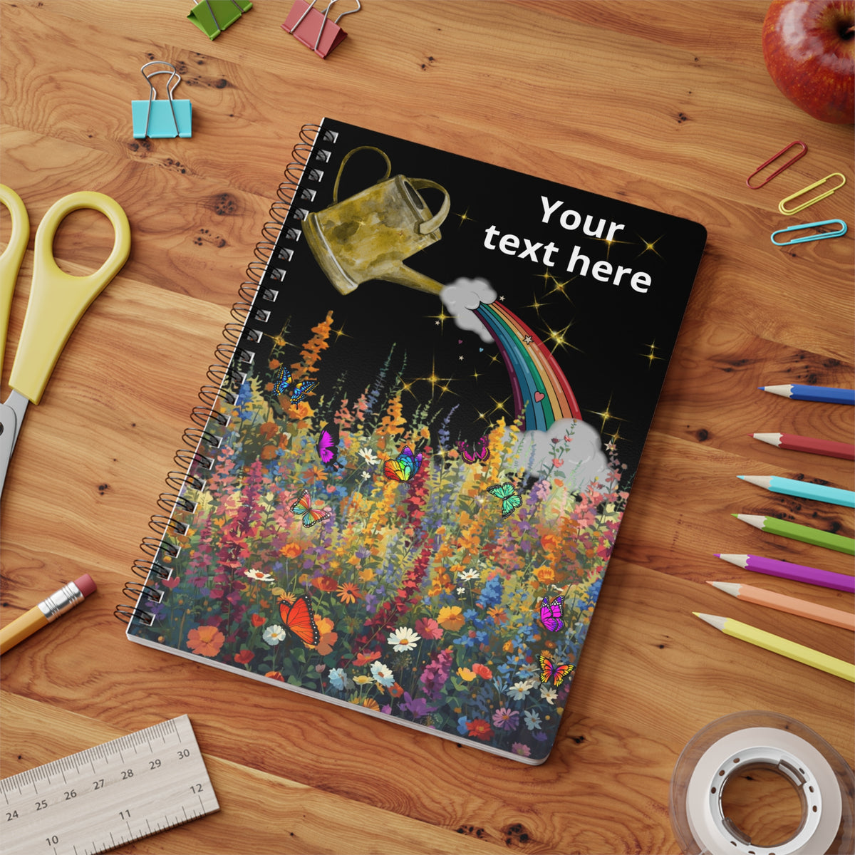 A5 Spiral Notebook — Watering Can Rainbow Over Wildflower Garden (Custom Text)