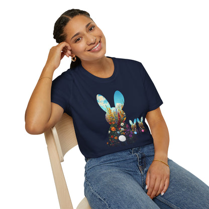 Easter Bunny Silhouette T‑Shirt — Floral Nightscape Bunny Design