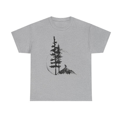Nature Sketch T-Shirt — Pine Tree & Mountain Minimalist Tee