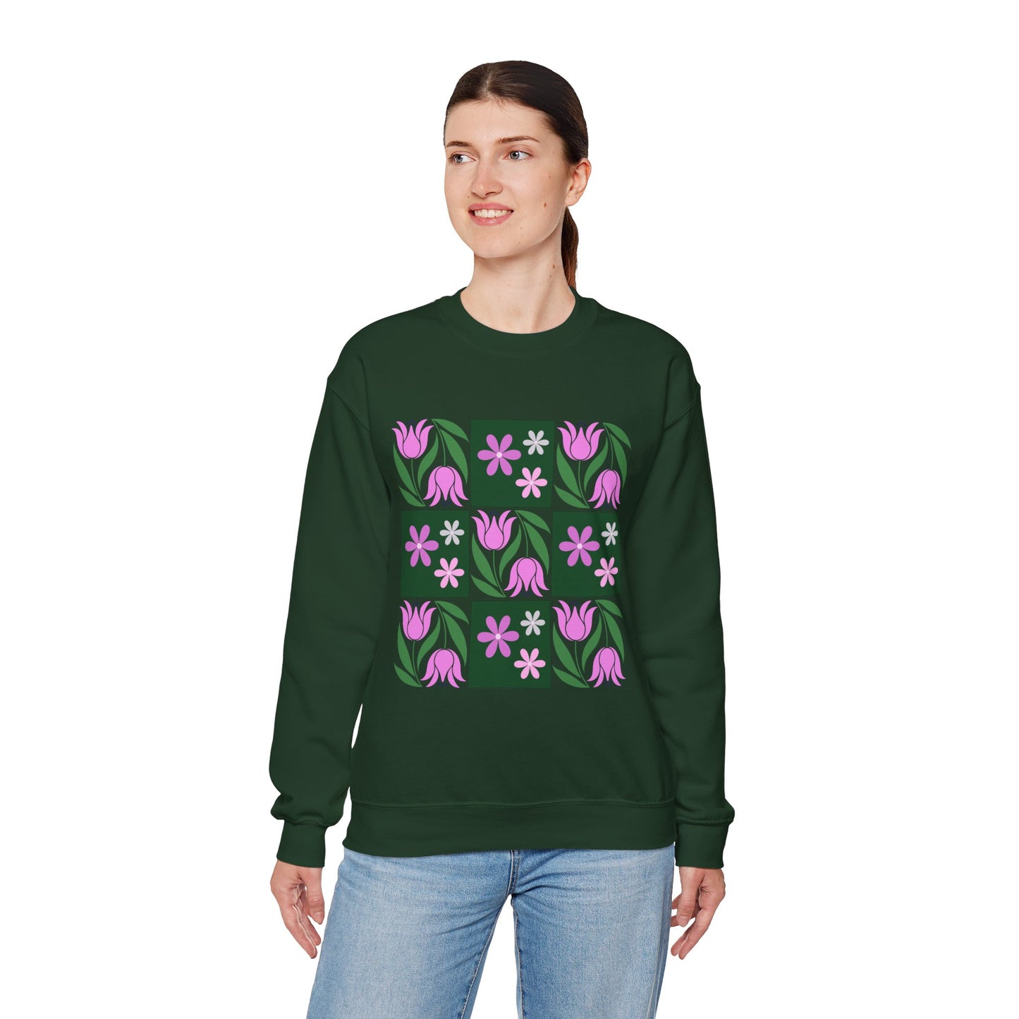 Floral Tile Crewneck Sweatshirt — Pink Tulip Grid Design