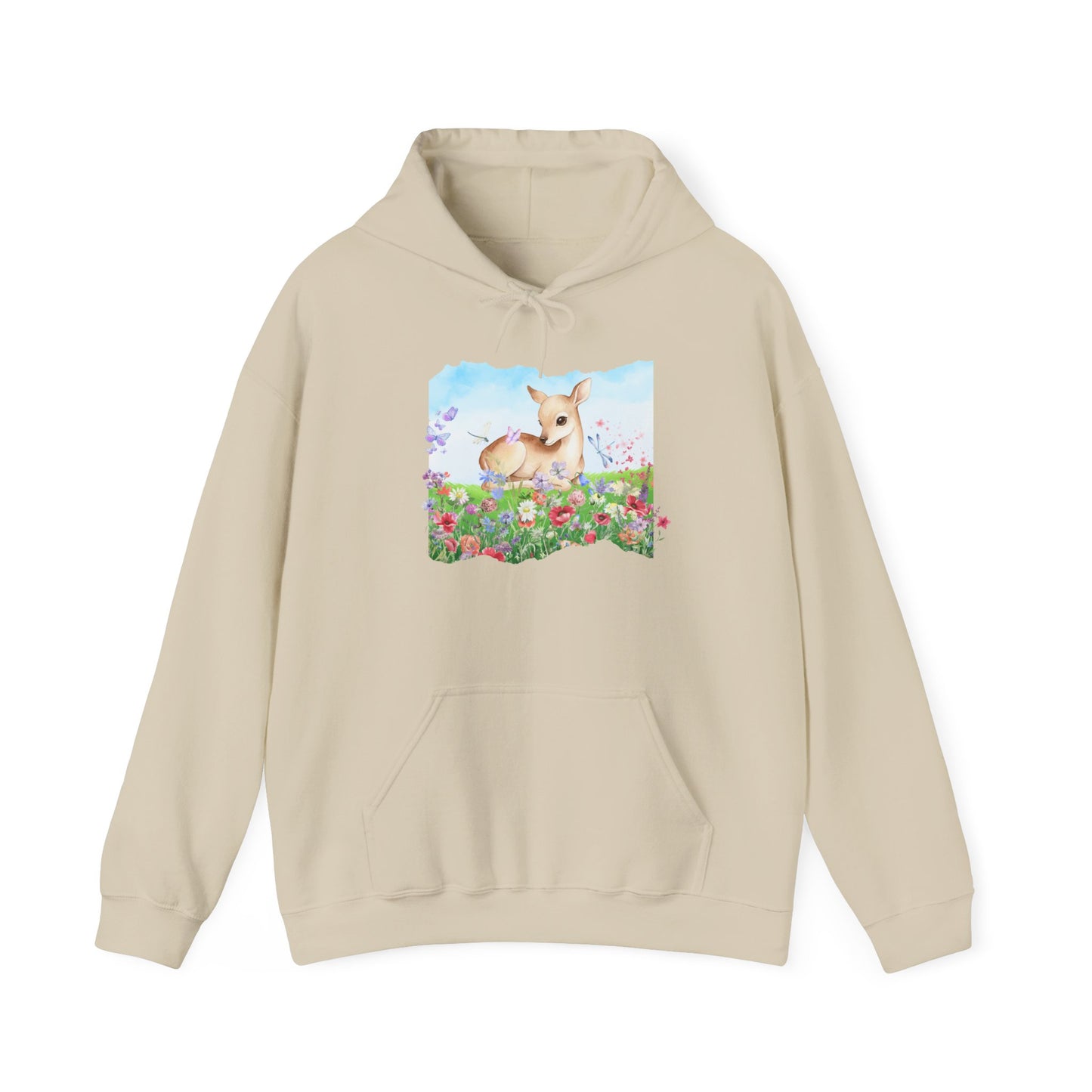 Doe in Wildflower Meadow Hoodie — Cute Fawn Animal Graphic Sweatshirt