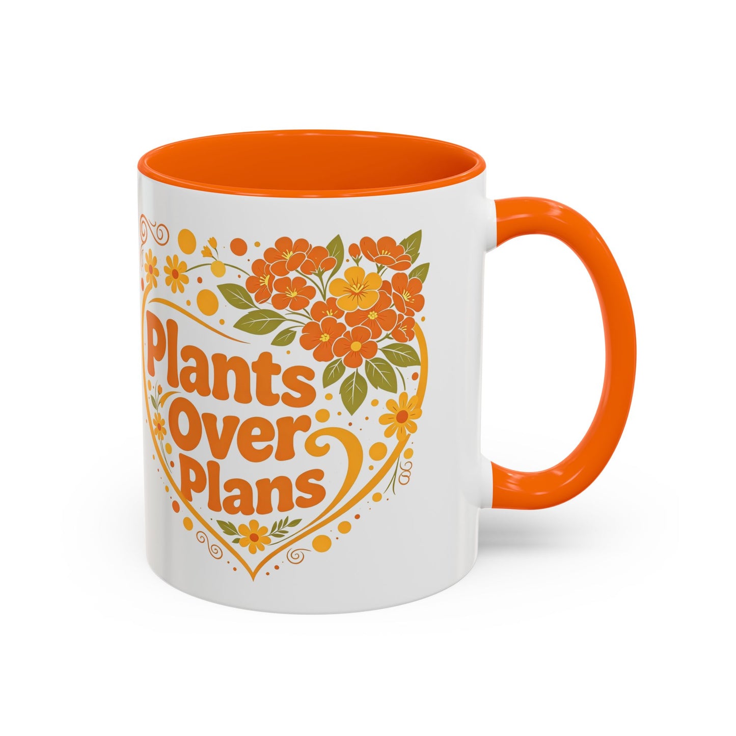Plants Over Plans Accent Coffee Mug — Retro Floral Heart Plant Lover Gift (11oz)