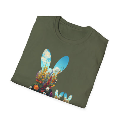 Easter Bunny Silhouette T‑Shirt — Floral Nightscape Bunny Design