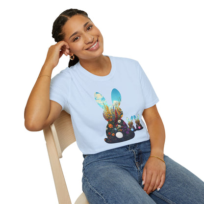 Easter Bunny Silhouette T‑Shirt — Floral Nightscape Bunny Design